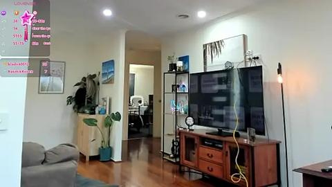 Media: Video of a modern living room with wooden floors, a flat-screen TV on a wooden stand, a gray sofa, and framed beach artwork on cream walls.