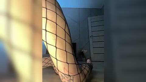 Media: Video of a person in a fishnet bodysuit, seen from the side, with a blurred yellow object in the foreground, against a dimly lit, modern bedroom with a white dresser and geometric patterned wall.