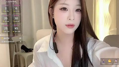 Media: Video of a fair-skinned Asian woman with long, straight brown hair, wearing a white blouse and black headphones, taking a selfie in a modern, dimly-lit room with beige curtains.