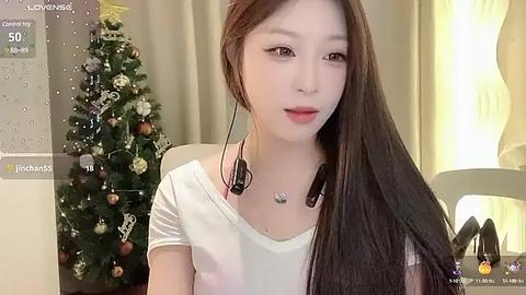 Media: Video of a young East Asian woman with long brown hair, wearing headphones, in front of a decorated Christmas tree in a warm, cozy room.